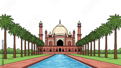 Cartoon illustration of a grand Mughal-style mausoleum with palm trees and a reflecting pool