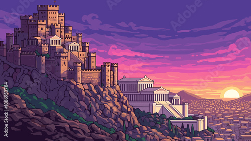 Pixel art castle fortress on a rocky hill overlooking a city at sunset