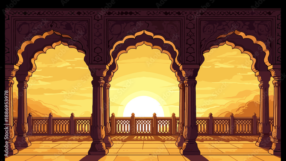 Fototapeta premium Ornate arches frame a vibrant sunset over a mountainous landscape, evoking ancient India