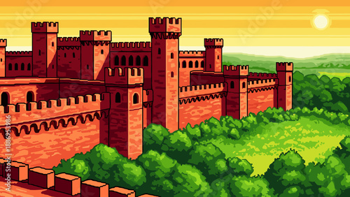 Pixel art castle with crenellated walls and towers under a warm, hazy sun