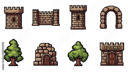 Pixel art medieval castle elements including towers, walls, and trees