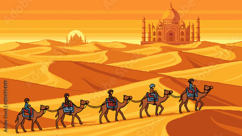 Pixel art caravan of camels with riders crossing desert dunes towards Taj Mahal