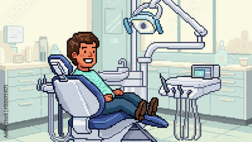 Pixel art of a happy man sitting in a dentist chair during a dental examination