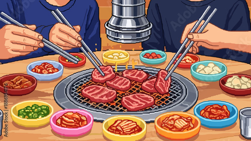 Pixel art illustration of people enjoying Korean BBQ with various side dishes and grilled meat