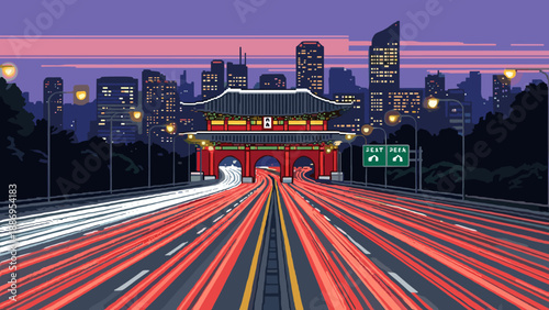 Pixel art city skyline with traditional gate and light trails on highway at dusk