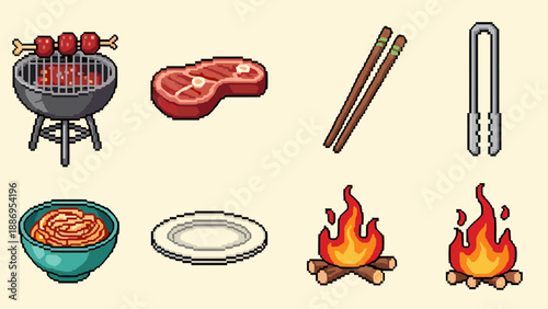 Pixel art collection of barbecue and grilling elements for food preparation