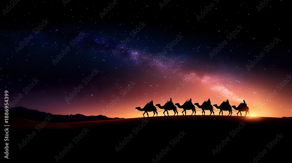Fototapeta premium Desert caravan silhouette with camels walking across sand dunes under starry night sky with Milky Way galaxy and colorful sunset horizon for travel concepts.