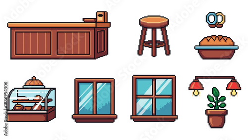Pixel art collection of bakery and cafe interior elements for game design