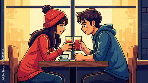Couple enjoying drinks together at a cozy cafe with warm lighting and pixel art style