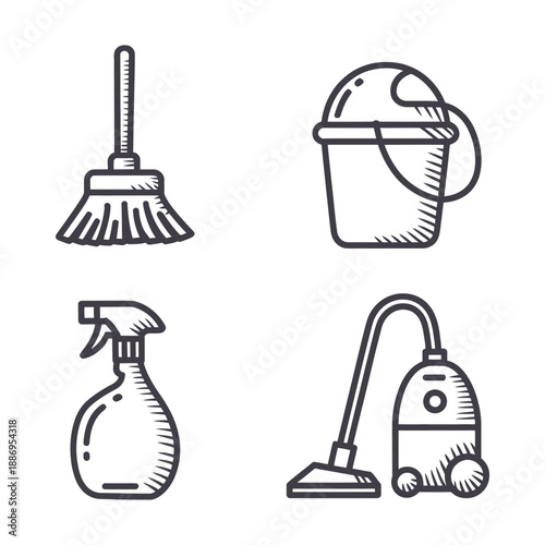 House Cleaning and Sanitation Icons - Broom, Bucket, Spray, and Vacuum