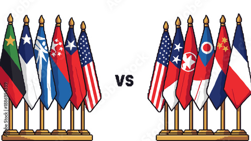 Flags of different nations displayed in a versus battle arrangement on white background