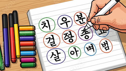 Hand writing Korean alphabet characters on a notebook page with colorful markers nearby
