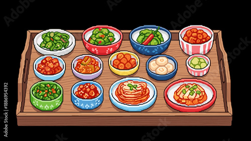Pixel art Korean banchan assortment on a wooden tray, vibrant and detailed