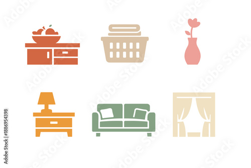 Set of six modern flat icons for home and domestic life