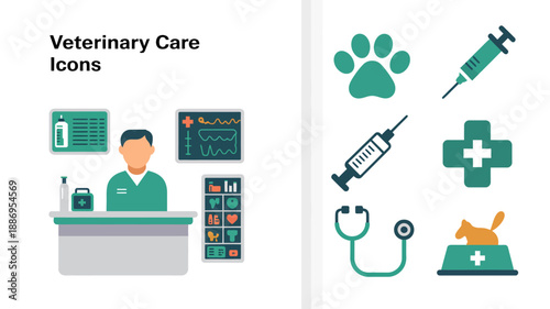 a collection of veterinary icons depicting medical equipment a veterinarian and animal health symbols in a teal color scheme high quality professional detailed modern elegant stylish