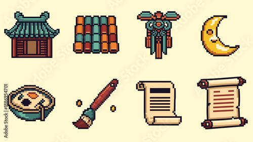 Pixel art icons representing traditional Korean culture and elements