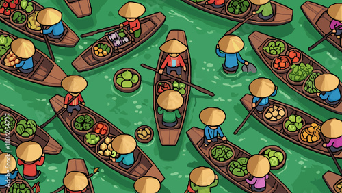 Cartoon floating market scene with boats full of fresh produce and people in conical hats