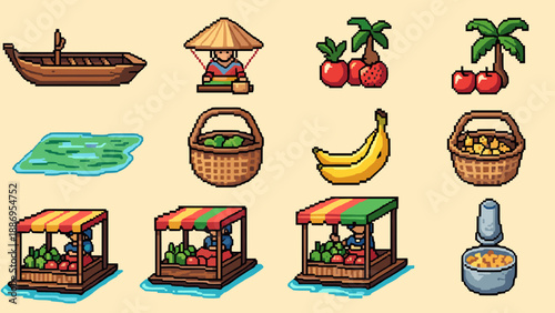Pixel art collection of floating market elements and tropical fruits