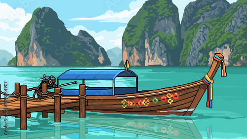 Pixel art longtail boat docked at a pier in a tropical bay with limestone karsts
