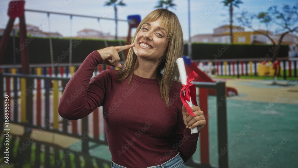 Obraz premium Smiling blonde middle age woman wearing maroon top holding diploma with red ribbon points finger to cheek in building playground behind; pride achievement.