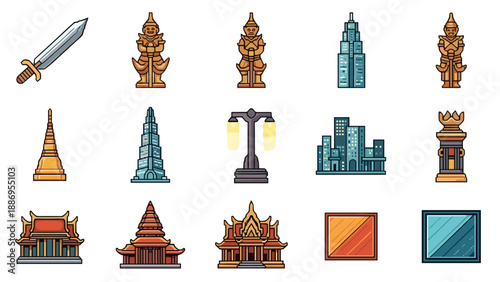 Collection of diverse icons featuring Asian architecture, modern buildings, and traditional elements