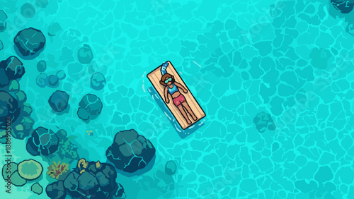 Person relaxing on a raft in clear turquoise water with rocks and coral below
