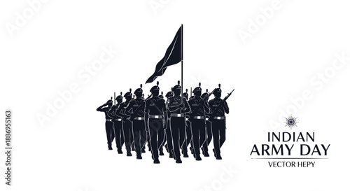 Vector illustration of Indian Army Day celebration with soldiers marching and holding a flag, surrounded by design elements on a white background.
