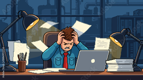 Pixel art man stressed at desk with papers flying and laptop open late at night