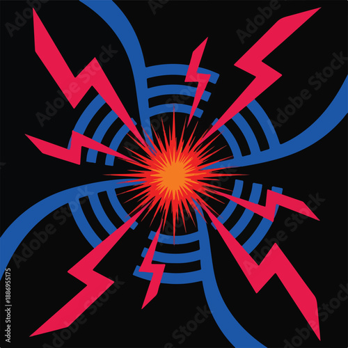 Abstract explosion of energy with red lightning bolts radiating from a bright orange center on a dark background.