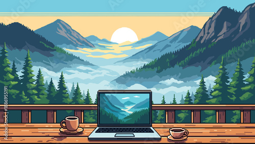 Laptop and coffee on a wooden deck overlooking misty mountains at sunrise