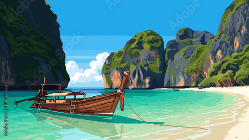 Pixel art longtail boat anchored in a tropical bay with limestone cliffs