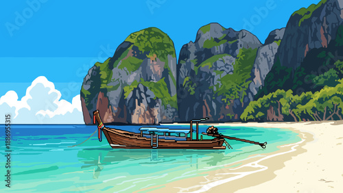 Pixel art longtail boat anchored in clear turquoise water near a tropical beach