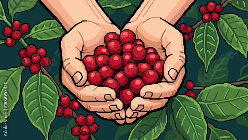 Hands holding freshly picked ripe red coffee cherries from the plant
