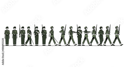 Vector illustration of Indian Army soldiers marching in formation on India Army Day, celebrating with a military parade against a white background.
