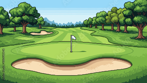Pixel art golf course with sand traps and trees on a sunny day
