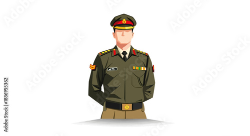 Illustration of a military officer in a green uniform with colorful patches and insignia, standing proudly with hands behind back, celebrating India Army Day with a sense of patriotism and