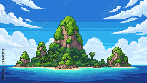 Pixel art tropical island with lush greenery and seascape background