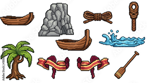 Retro pixel art adventure: nautical icons and nature elements