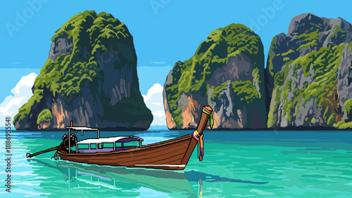 Pixel art longtail boat floats on turquoise water near lush green limestone cliffs