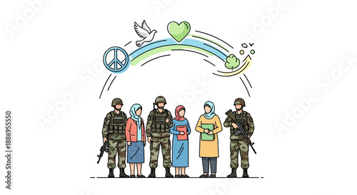 Illustration of soldiers and civilians standing together under a rainbow with peace symbols, celebrating India Army Day with a mix of military and humanitarian elements.