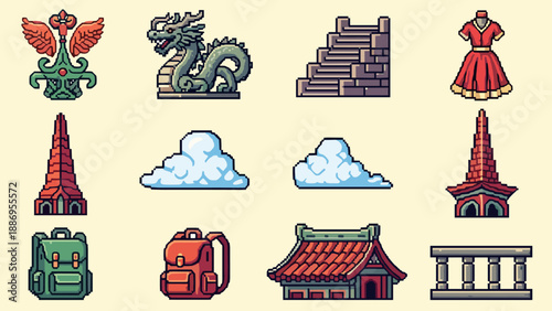 Pixel art icon set: cultural symbols, clothing, and architecture