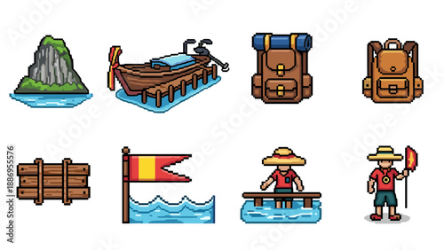 Retro pixel art adventure icons: backpack, canoe, flags, and more
