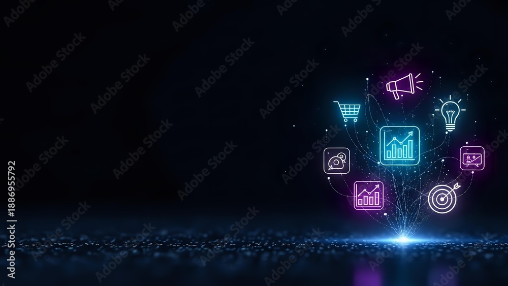 Fototapeta premium Digital marketing technology concept with glowing neon business icons floating above data stream on dark background for presentations and web design.