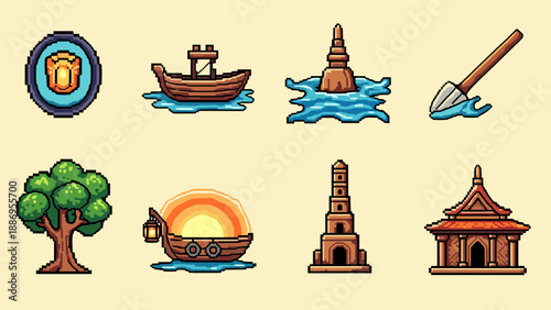 Pixel art icons: nautical and architectural elements in vintage style