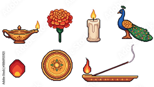 Pixel art diwali icons: candle, peacock, flower, lantern, incense