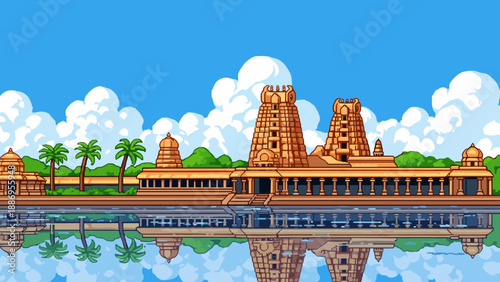Ancient temple reflection with vibrant sky in pixel art style