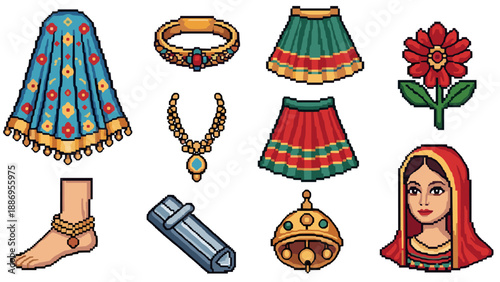 Colorful pixel art collection featuring traditional clothing and jewelry
