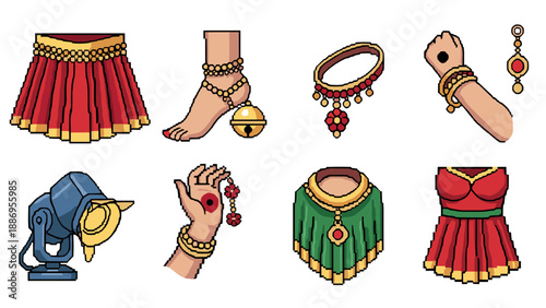 Traditional indian clothing and jewelry in pixel art style