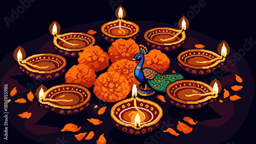 Vibrant diya arrangement with peacock and marigolds in pixel art style