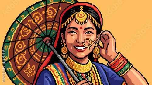 Pixel art portrait of a smiling Indian woman in traditional attire holding an ornate umbrella